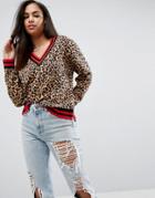 Asos Sweater In Leopard Pattern With Sports Tipping - Multi