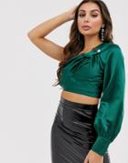 4th & Reckless One Shoulder Slash Neck Crop Top With Buttons In Green