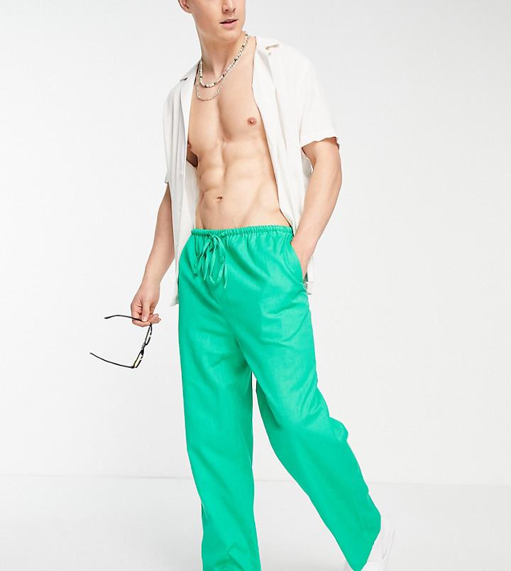 Collusion Linen Low Rise Beach Pants In Bright Green