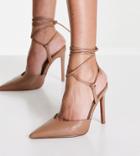 Asos Design Wide Fit Prize Tie Leg High Heeled Shoes In Beige-neutral