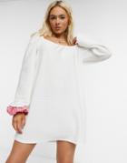 Asos Design Textured Mini Dress With Puff Sleeve In Ivory-white