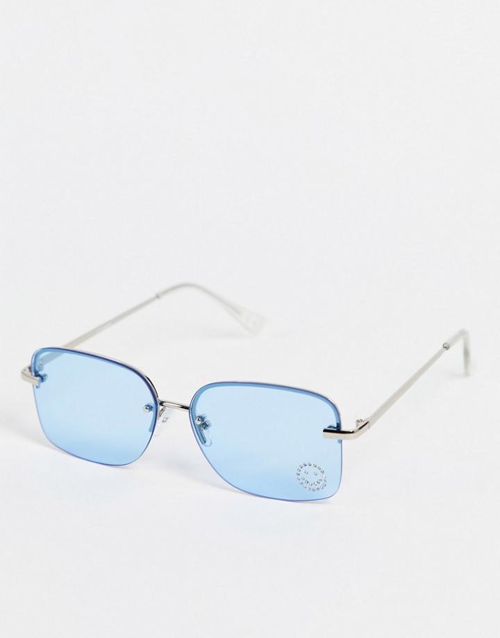 Asos Design Rimless 90s Sunglasses With Diamante Happy Face Detail In Blue-silver