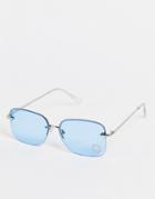 Asos Design Rimless 90s Sunglasses With Diamante Happy Face Detail In Blue-silver