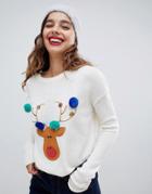 Brave Soul Reindeer Christmas Sweater With Pom Poms - Cream
