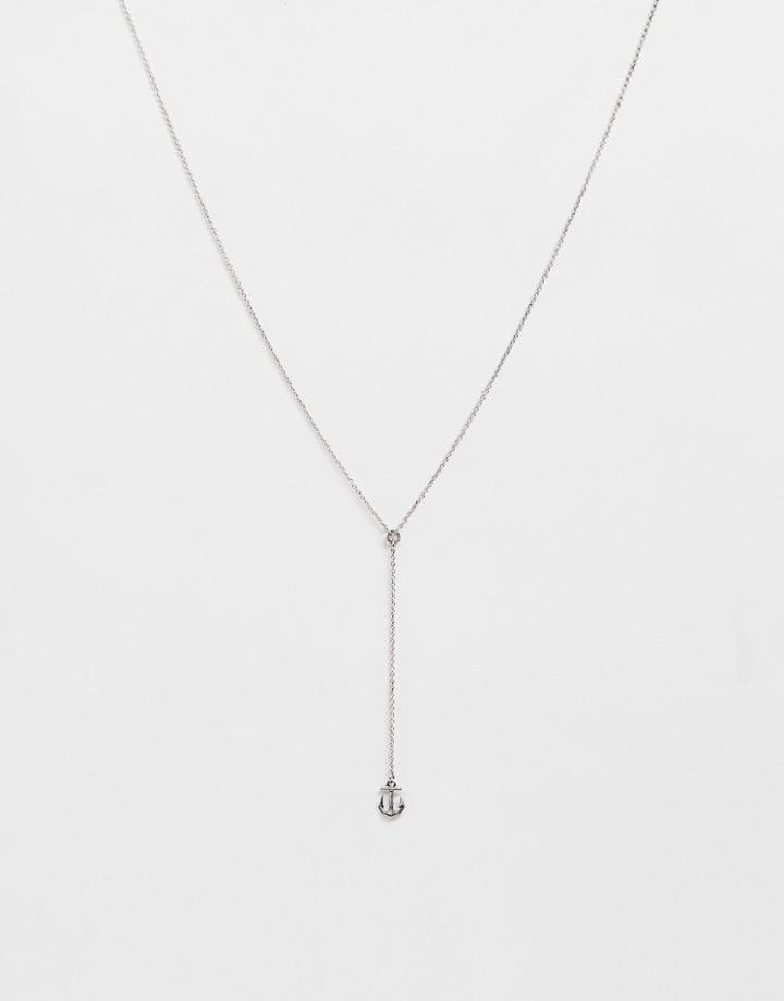 Asos Design Lariat Necklace With Anchor In Burnished Silver Tone - Silver
