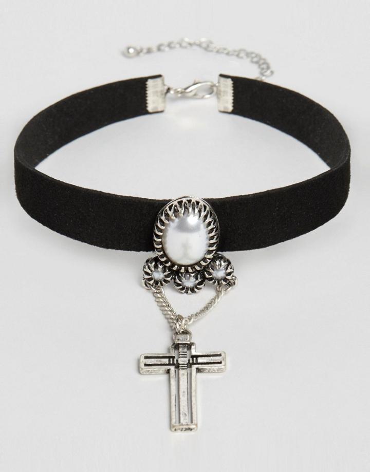 Asos Faux Suede Vintage Cross Embellished Choker Necklace - Black