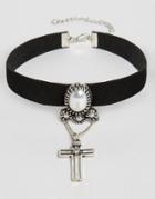Asos Faux Suede Vintage Cross Embellished Choker Necklace - Black