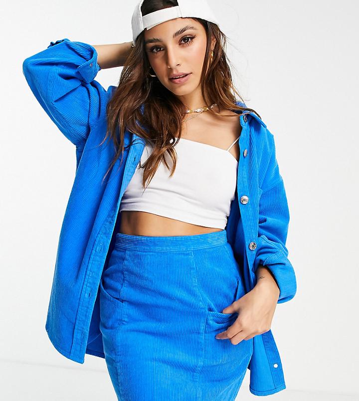 Asos Design Petite Cord Oversized Shirt In Blue - Part Of A Set-green