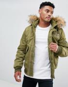 Blend Faux Fur Hooded Bomber Jacket - Green