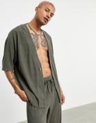 Asos Design Oversized Rib Jersey Shirt In Khaki - Part Of A Set-green