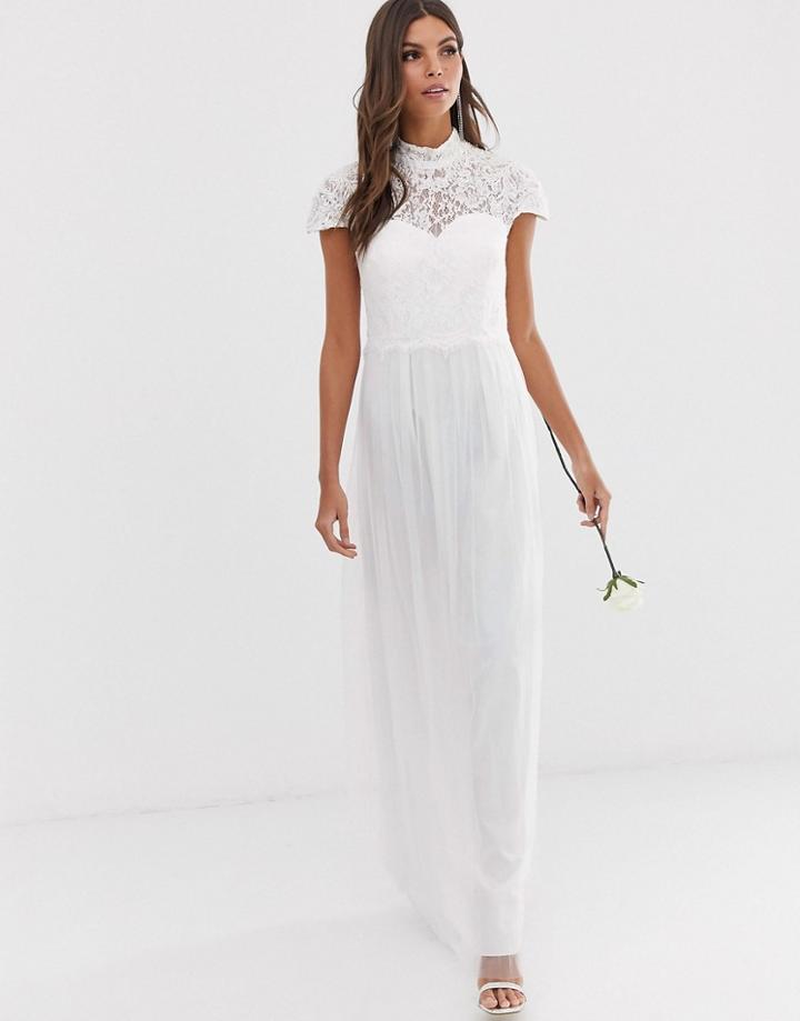 Little Mistress Bridal Embellished Lace High Neck Bodice Cap Sleeve Maxi Dress - White