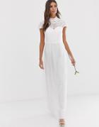Little Mistress Bridal Embellished Lace High Neck Bodice Cap Sleeve Maxi Dress - White
