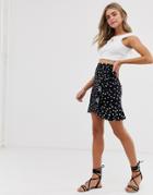 Asos Design Mini Wrap Skirt In Polka Dot Print - Black