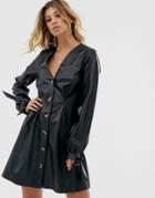 Asos Design Leather Look Button Through Mini Skater Dress With Tie Sleeves - Black