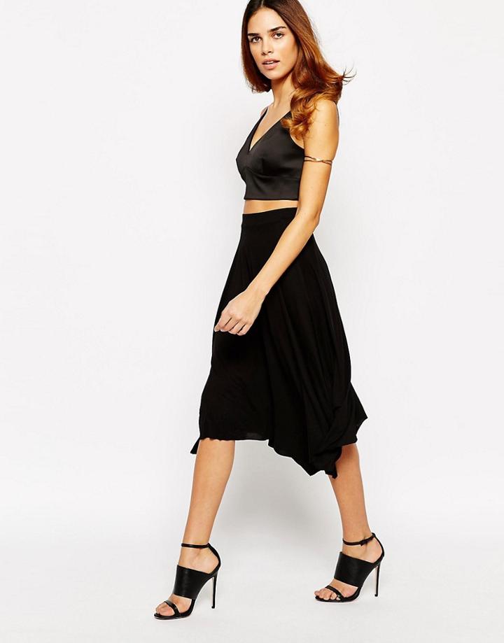 Warehouse Asymmetric Hem Midi Skirt - Black