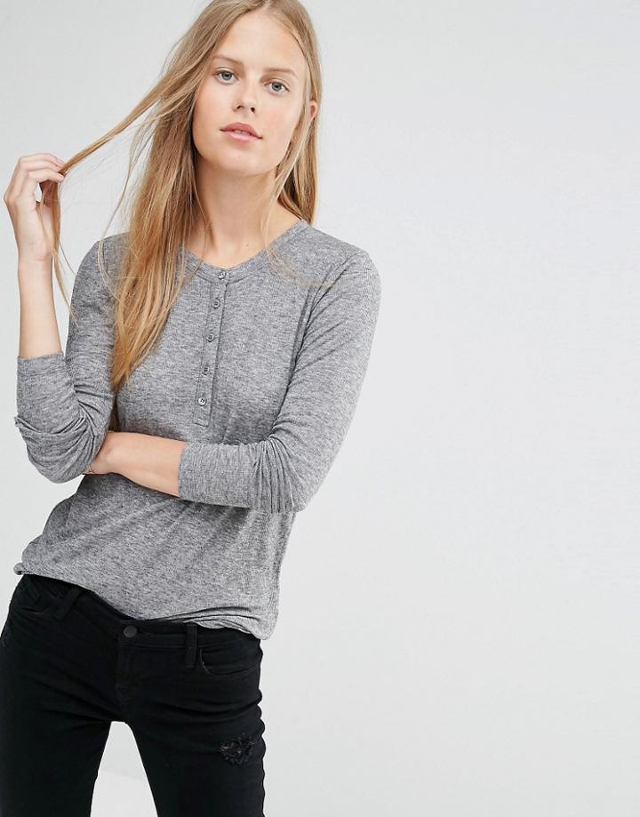 Ganni Button Front Henley Shirt - Smoked Pearl Melange