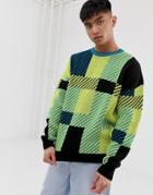 Asos Design Oversized Knitted Check Sweater In Yellow-multi
