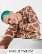 Asos Design Knitted Crew Neck Sweater In Giraffe Design-brown