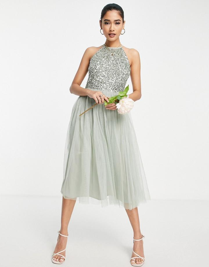 Maya Bridesmaid Halter Neck Midi Tulle Dress With Tonal Delicate Sequins In Sage Green