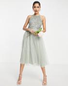 Maya Bridesmaid Halter Neck Midi Tulle Dress With Tonal Delicate Sequins In Sage Green