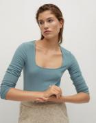 Mango Square Neck Ribbed Long Sleeve T-shirt In Olive-green