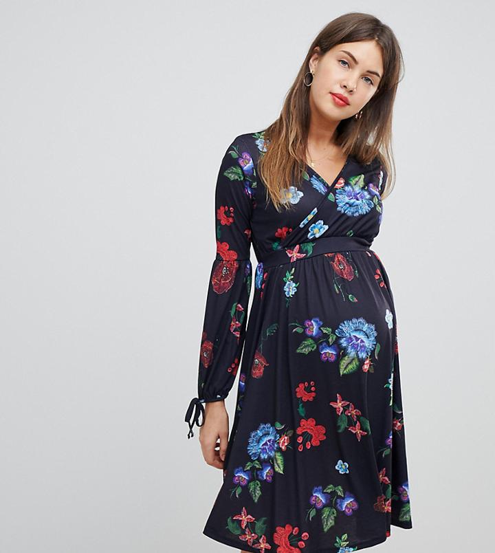 Bluebelle Maternity Midi Dress With Bell Sleeve In Folk Print - Multi