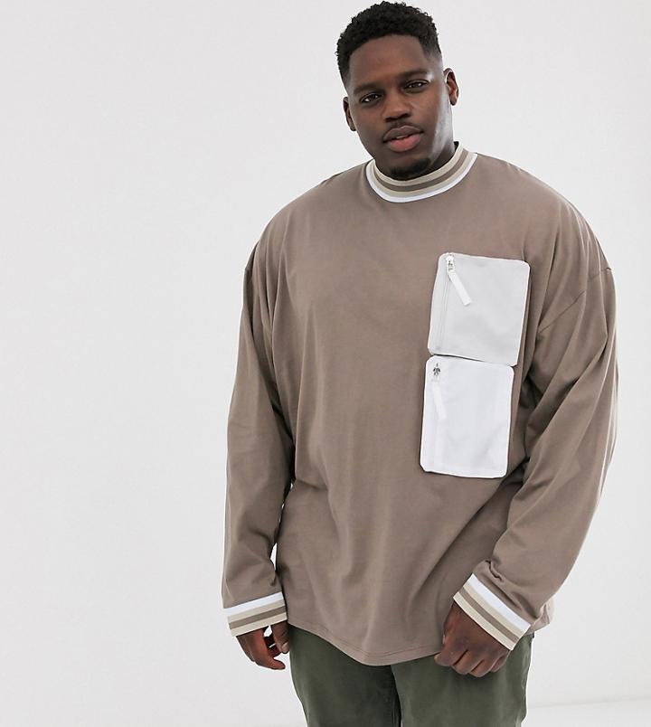 Asos Design Plus Oversized Long Sleeve T-shirt With Turtleneck And Woven Utility Pockets In Beige - Beige