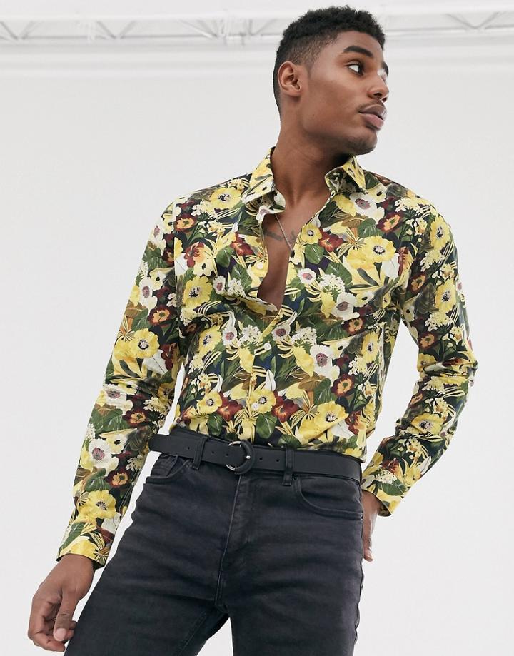 Devils Advocate Slim Fit Floral Long Sleeve Shirt-brown