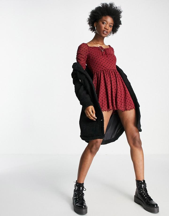 Asos Design Flocked Spot Mesh Ruched Sleeve Romper In Burgundy-red