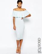 Asos Tall Ruffle Off Shoulder Bardot Pencil Midi Dress - Blue