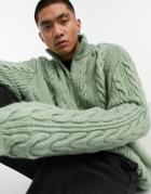 Asos Design Chunky Cableknit Half-zip Sweater In Khaki-green