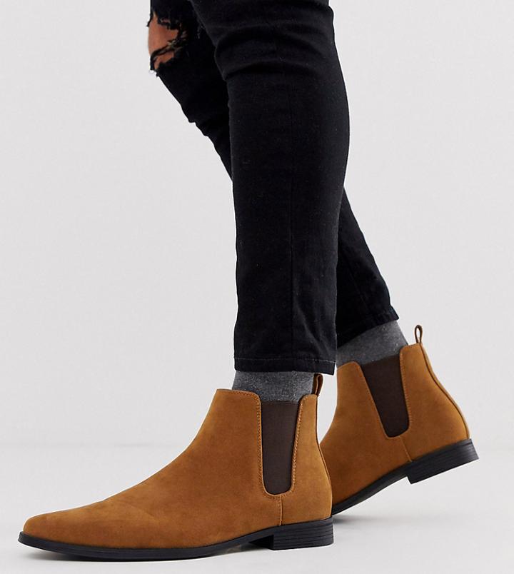 Asos Design Wide Fit Chelsea Boots In Tan Faux Suede-brown