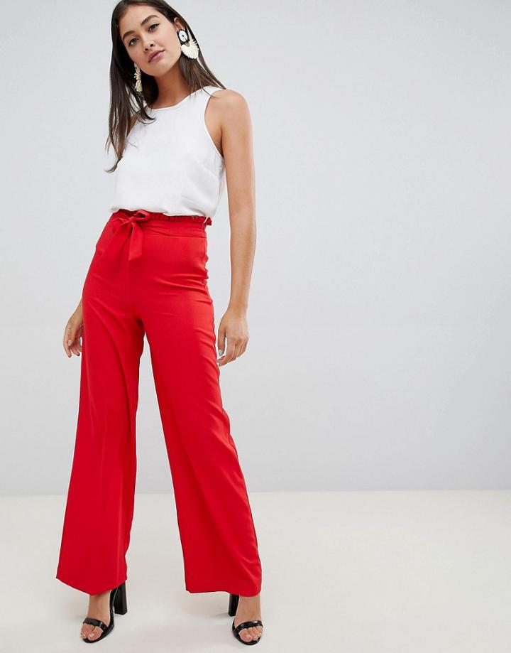 Miss Selfridge Wide Leg Pants With Tie Waist In Red - Red