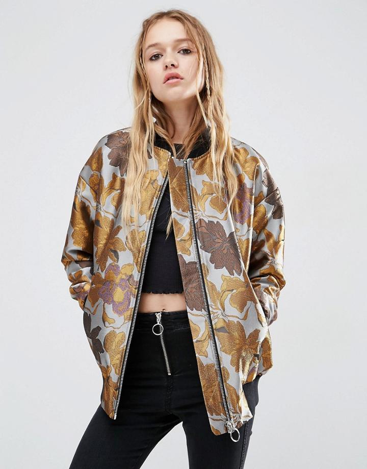 Asos Bomber Jacket In Floral Jacquard With Tipped Rib - Multi