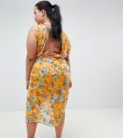 Asos Design Curve Midi Dress In Printed Jacquard With Open Back - Multi