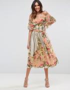 Asos Stripe Floral Bardot Ruffle Midi Dress - Multi