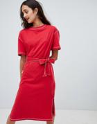 Bershka Contrast Stitch T Shirt Dress With Tie - Red