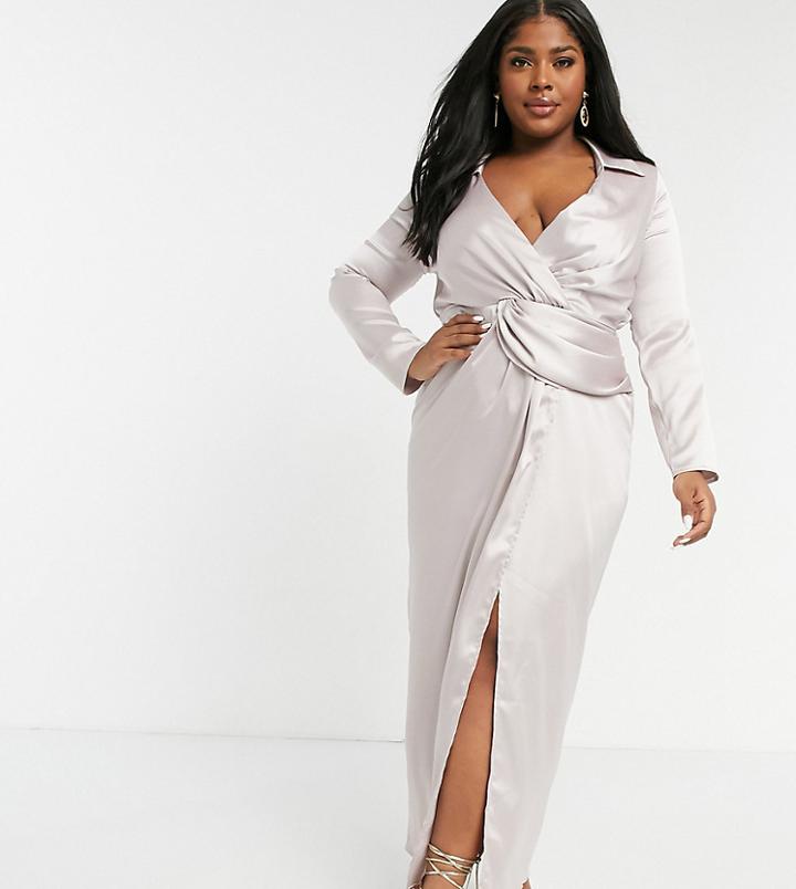 Flounce London Plus Twist Front Plunge Asymmetric Maxi Shirt Dress In Antique-grey