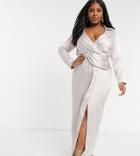 Flounce London Plus Twist Front Plunge Asymmetric Maxi Shirt Dress In Antique-grey