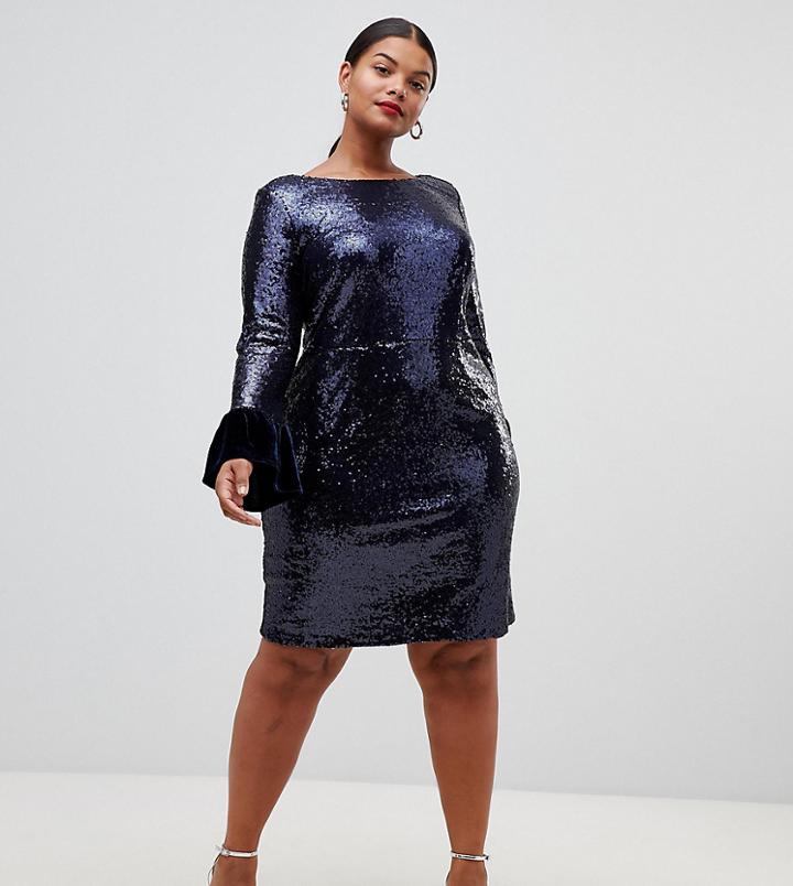 Lovedrobe Sequin Dress With Velvet Cuff - Navy