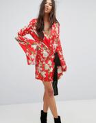 Prettylittlething Tie Side Floral Kimono Sleeve Dress - Red