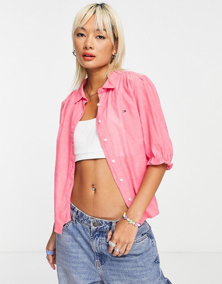 Tommy Jeans Puff Sleeve Logo Shirt In Pink