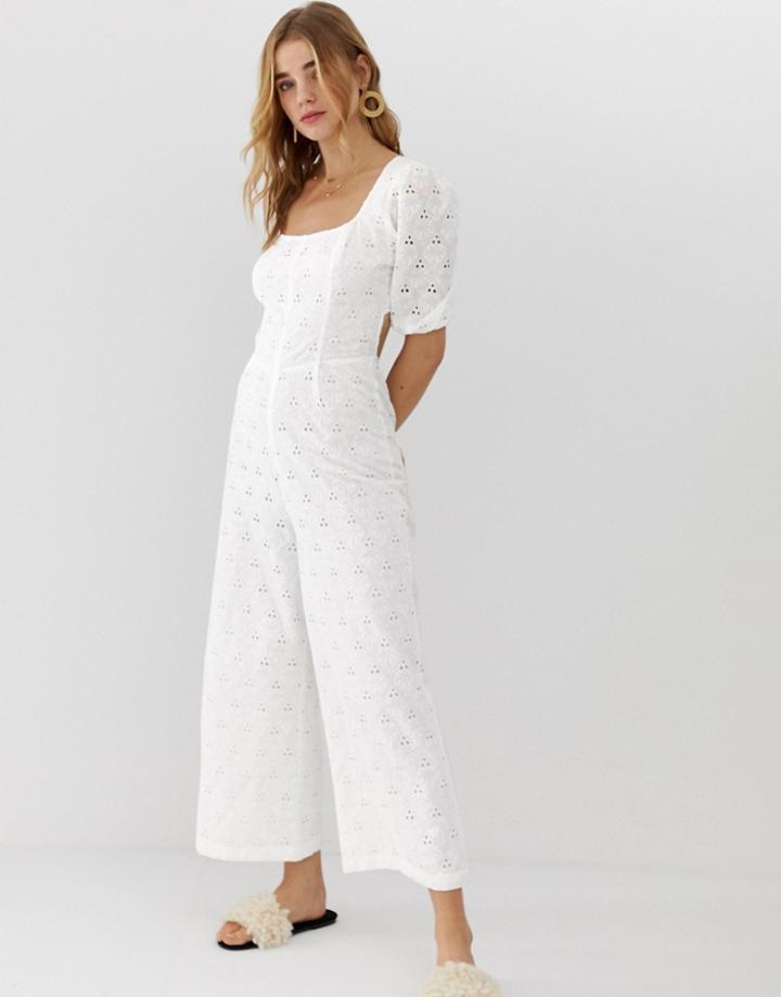 Asos Design Square Neck Puff Sleeve Jumpsuit In Broderie - White