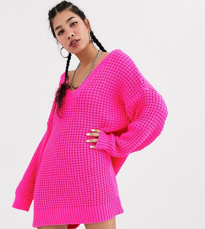 Collusion Chunky Cable Knit V Neck Sweater Dress In Pink