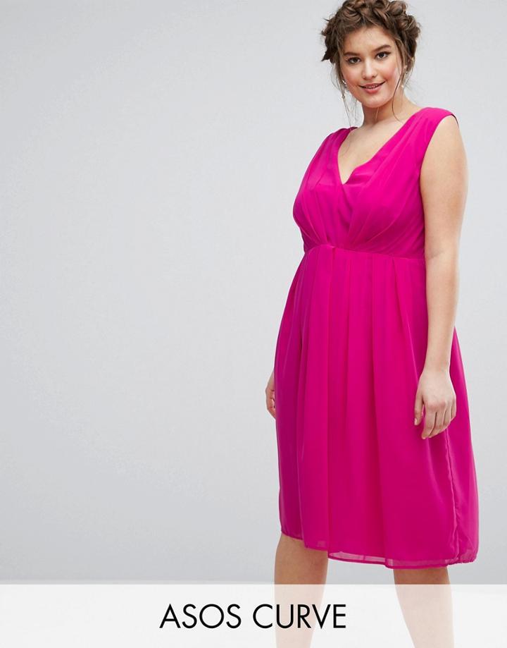 Asos Curve Midi Dress With Pleat Detail - Pink