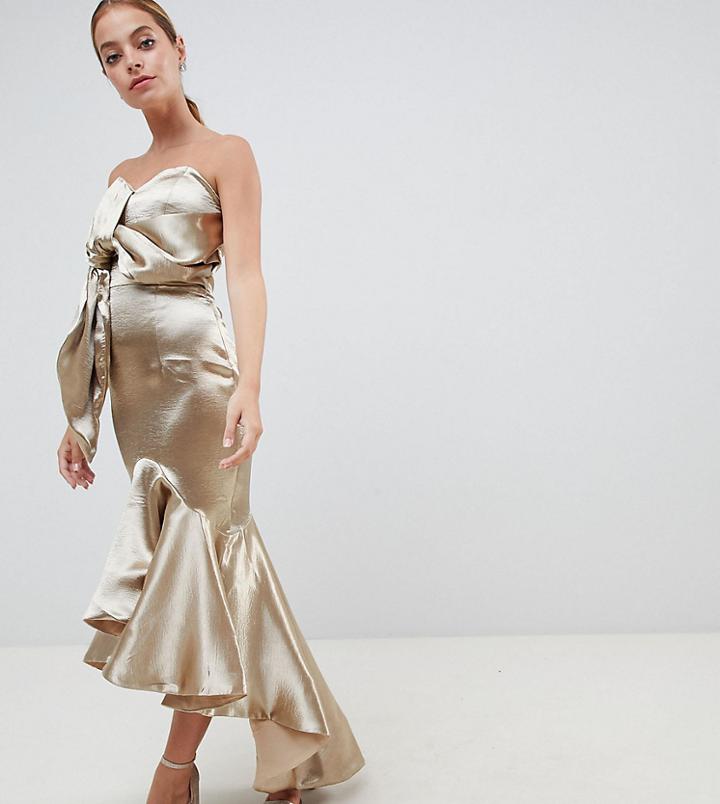 Jarlo Petite Wrap Front Bardot Midi Dress With Fluted High Low Hem-gold