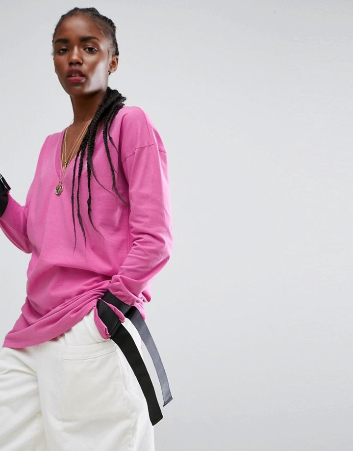 Asos T-shirt With Long Sleeve And Tab Detail - Pink