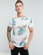 Asos T-shirt In Linen Look Fabric With All Over Floral Print And Curved Hem - White
