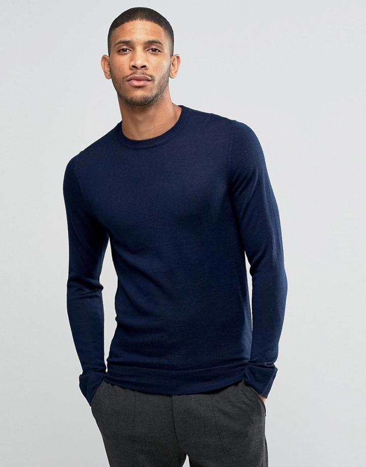 Lindbergh Sweater In Merino Wool In Navy - Navy