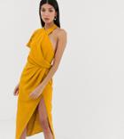 Asos Design Tall Asymmetric Neckline Drape Detail Midi Dress-yellow